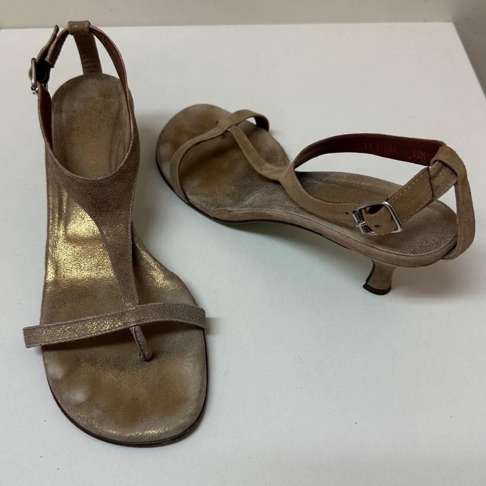 Donald J. Pliner Taupe Metallic Strappy Kitten Heel Sandals